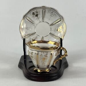 Vintage Gilded Demitasse Cup & Saucer Set Ornate Handle Gold Ivy Leaf Porcelain